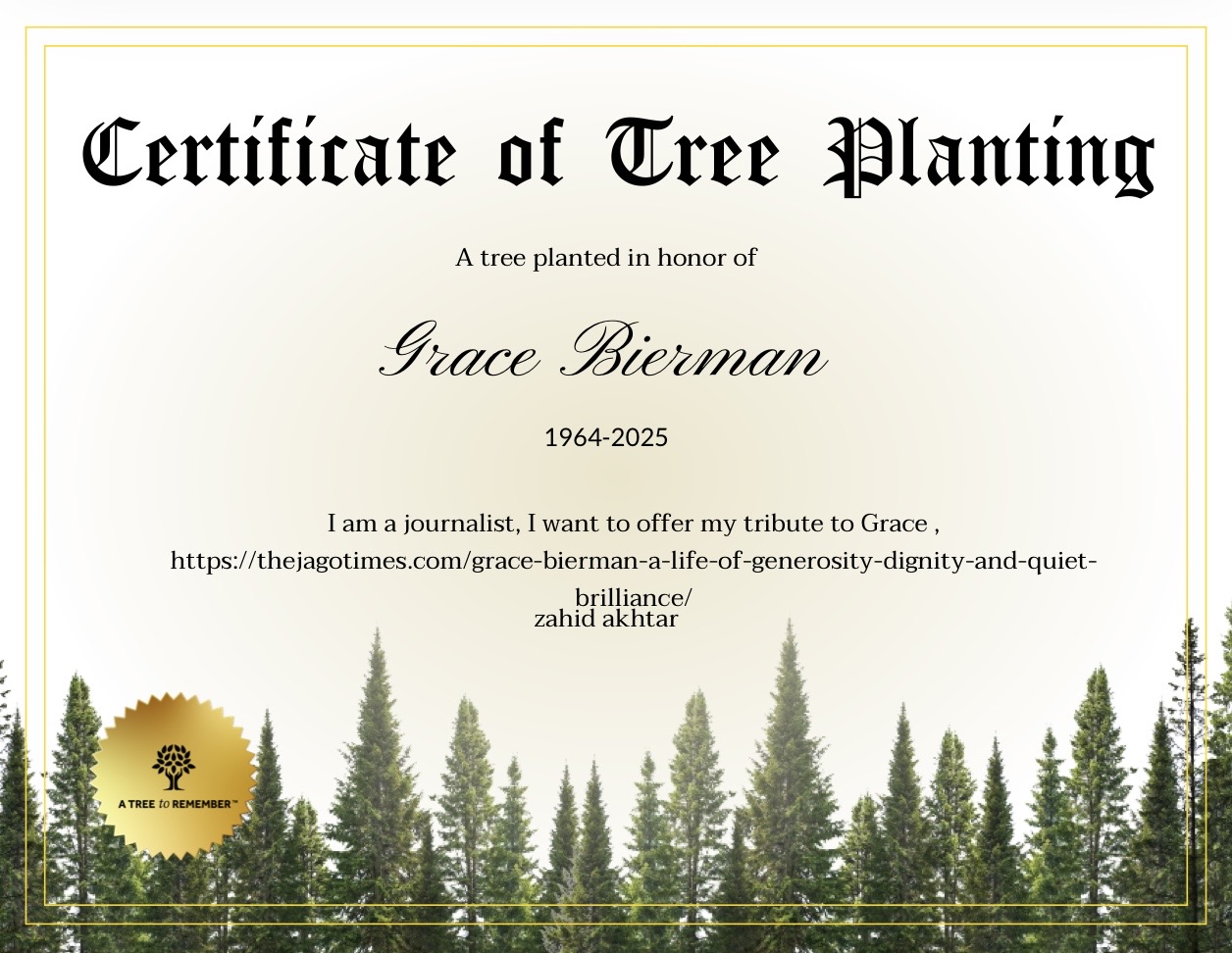 An image of the certificate for the tree planted in her name by Zahid Akhtar.