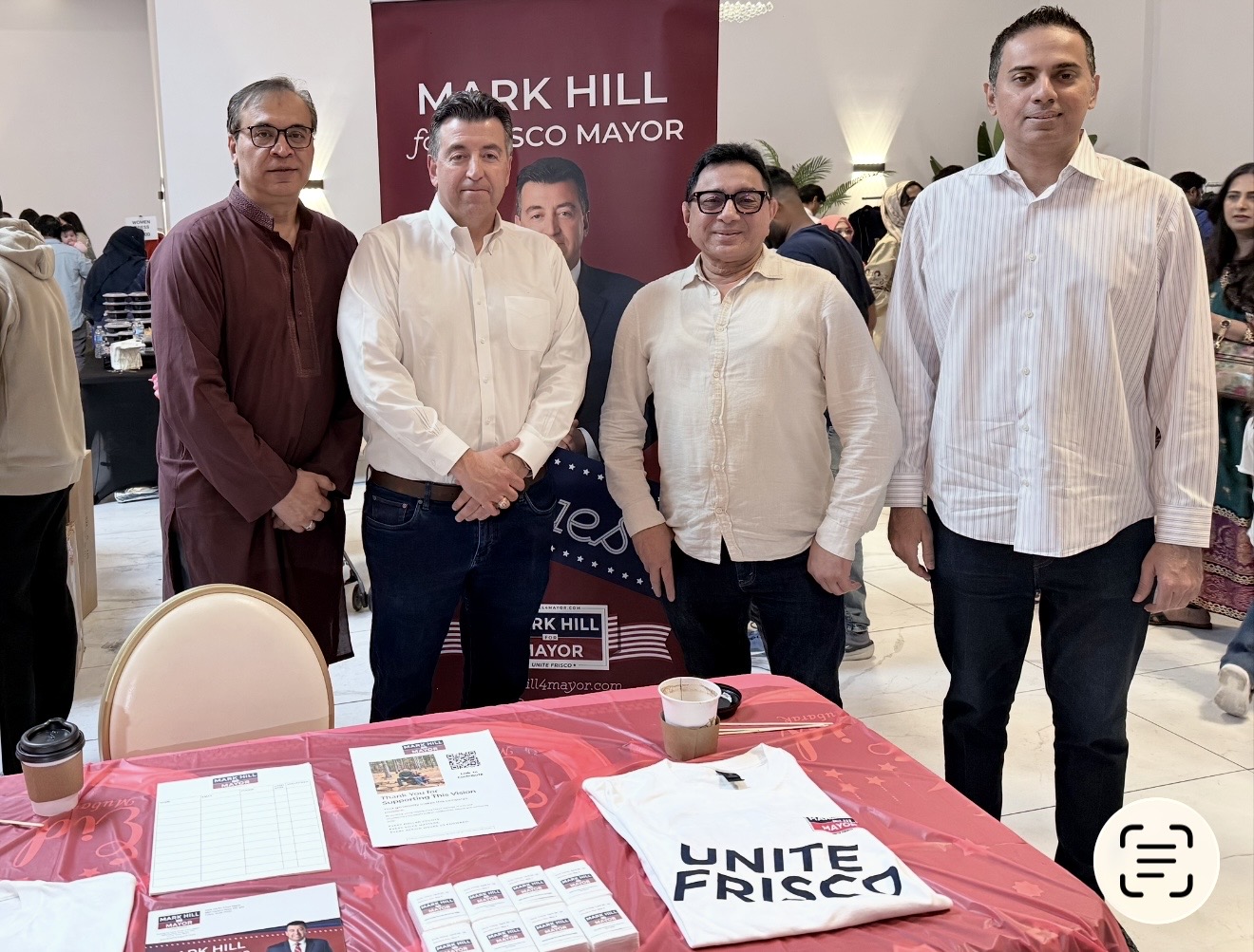 A picture with the Jago Times team, Frisco mayoral candidate Mark Hill, and community leader Nadeem Zaman.